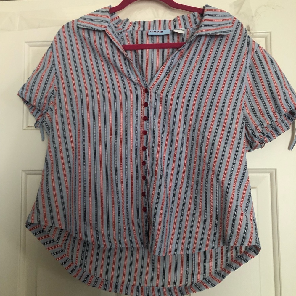 Red and Blue Striped Button Up Top